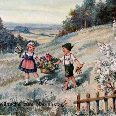 LAPSET / Tyttö ja poika tuovat kukkia niityltä. 1920-l.