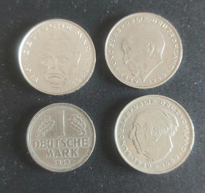 Saksa 1 DM ja 2 DM kolikot 4 kpl (1950–1988)