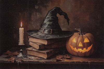 Halloween noidan hattu kirjapinon päällä