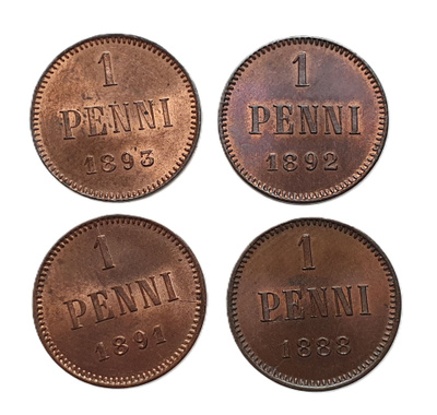 1 Penni 4 kpl. 1888-1893 Hyväkuntoinen erää!