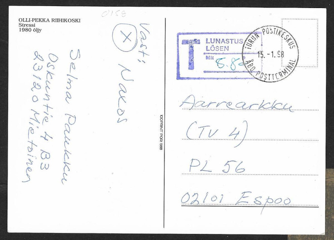 Postilähetys - Lunastusleima + Turun postikeskus 15.1.1998