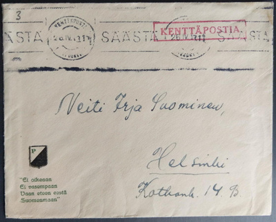 Punainen kenttäpostia -leima ja logo-kuorella 1942