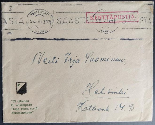 Punainen kenttäpostia -leima ja logo-kuorella 1942