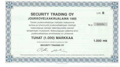 OKK obligatio Security Trading Oy 8.5.1985 Litt B