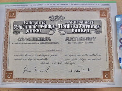 Osakekirja C SYP Pohjoismaiden Yhdyspankki 1966 + Talongit