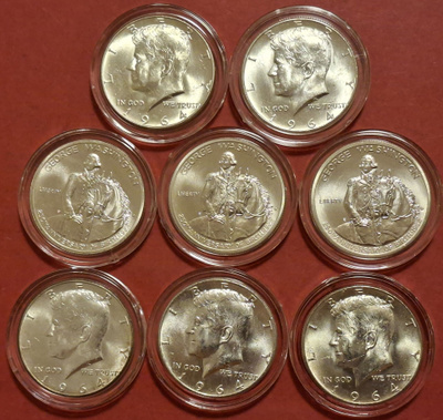 8 x USA 1/2 Dollar 900 hopea rahoja - hopean hinnalla.