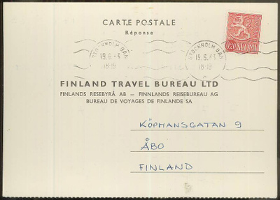 M63 1963 20p postikorttivastaus Ruotsista