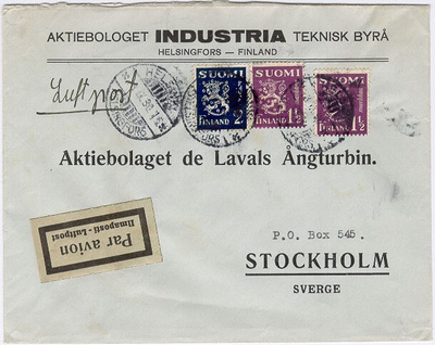 M30 1930 lentokirje Helsingistä Ruotsiin