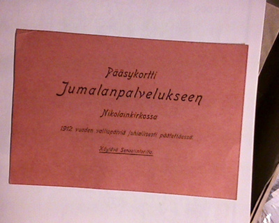 Pääsykortti jumalanpalvelukseen 1912.