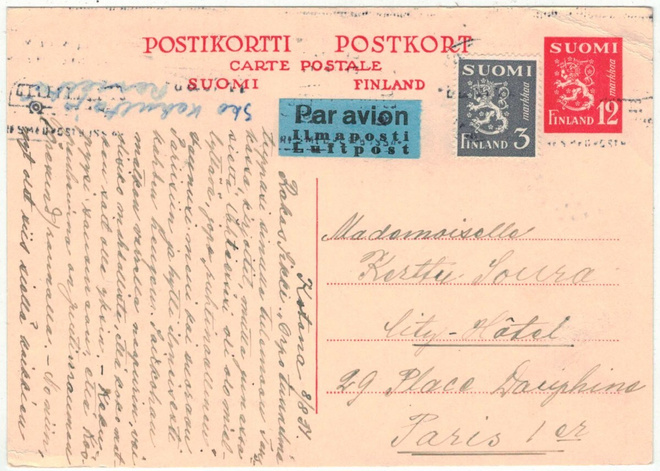 M30 1954 12 mk ehiökortti lantolisällä  Ranskaan