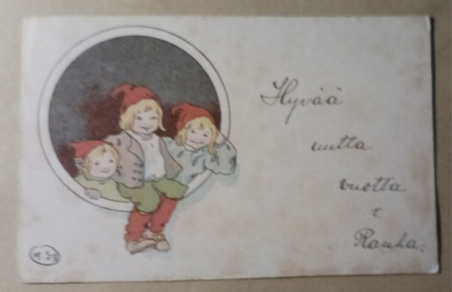 A. S-g: Ympyräkortti, tontut toivottavat Uutta Vuotta 1908