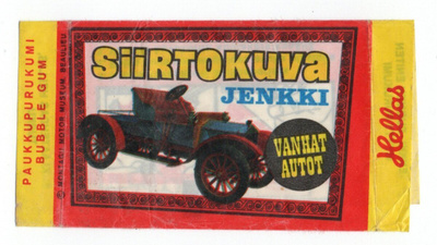 Purkkakääre Hellas. SIIRTOKUVA. VANHAT AUTOT