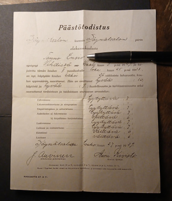 Säynätsalo , alakansakoulun päästötodistus 1939