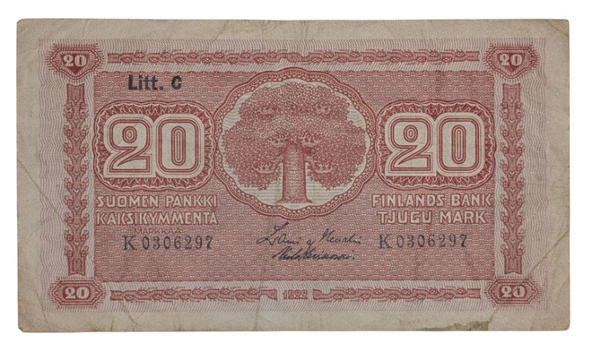 20 Markkaa 1922 Litt. C K0306297 Heu - Kiv
