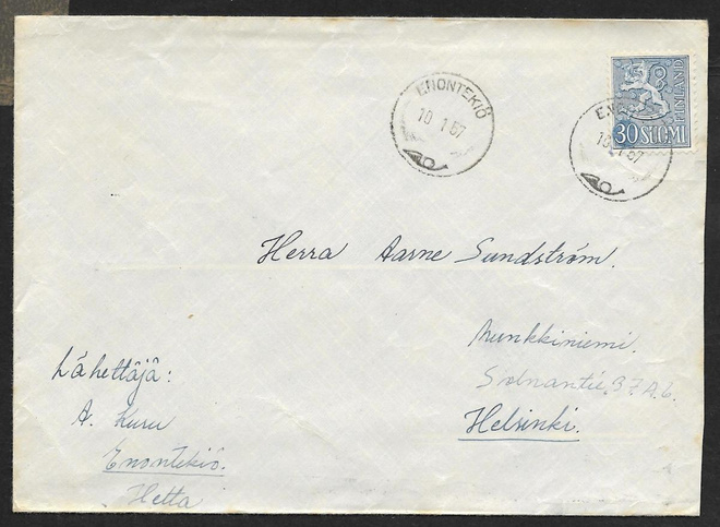 Postilähetys - Yl.m. 30mk (LAPE 459) Enontekiö 10.1.67