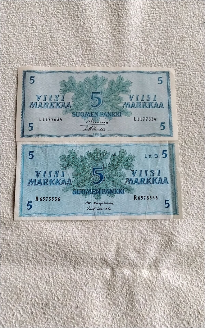 5 markan setelit 1963 vuodelta kaksi eri versiota