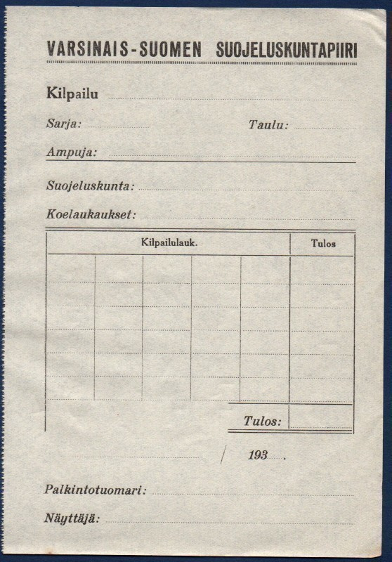 Suojeluskunta Varsinais-Suomi Ammunta lomake 30luku