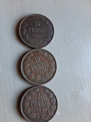 10 Penniä 1900,1910,1912 hyvä kunto