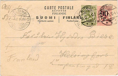 1921 90p+90p ehiö vastausosa lisämerkillä Saksasta -23
