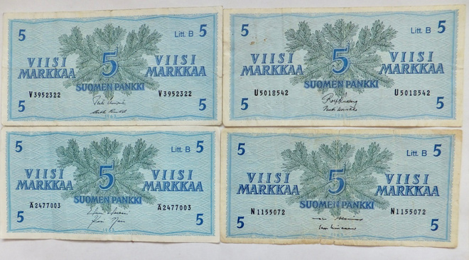 4 Seteliä 5 mk 1963 Litt B Sarjat V U Ä N