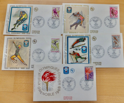 5 VANHAA FDC Ensipäiväkuorta Olympia 1968 Grenoble Ranska