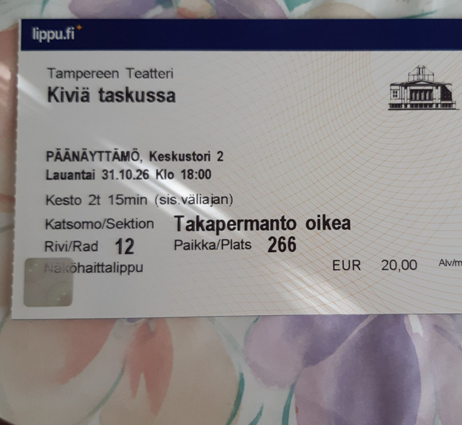 Lippu Kiviä taskussa -esitykseen Tampereella 31.10.2026