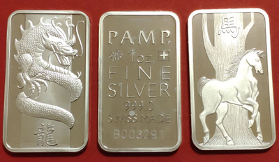 3 x 1 oz PAMP 999 hopea laattaa: Lohikäärme. Hevonen...(KD6)