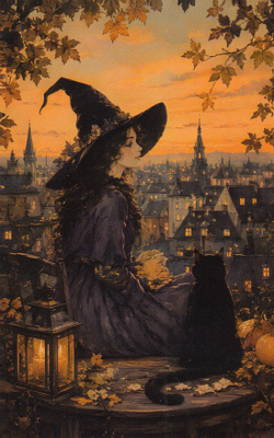 Halloween noita ja kissa, kaupungin valaistut talot
