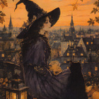 Halloween noita ja kissa, kaupungin valaistut talot - pikkukuva 1