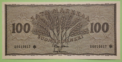 TÄHTI 100 mk 1955 nro A0010817**, kunto 9-10.