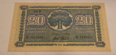 20 mk seteli 1945. Litt B. Sileä!
