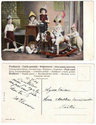 Vanha kortti, lapset ja keinuhevonen, vuodelta 1906
