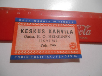 TT Etiketti Puijo Keskus Kahvila K.O.Heikkinen Iisalmi