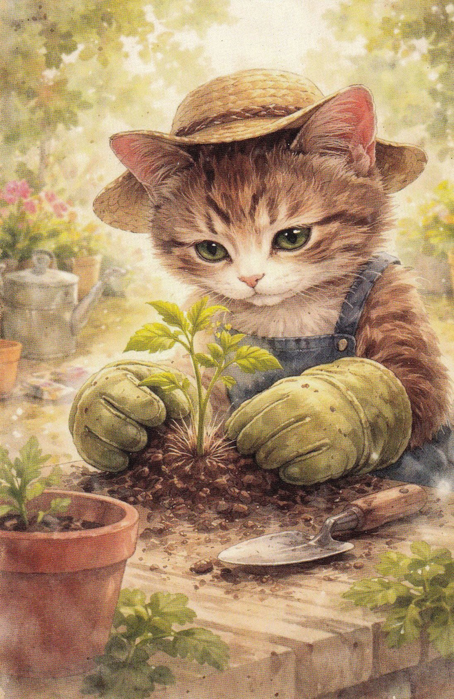 Kissa istutuspuuhissa