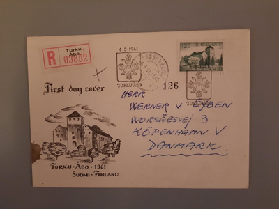 FDC Suomi 1961 M-54 125mk yksin R-kirje Tanskaan