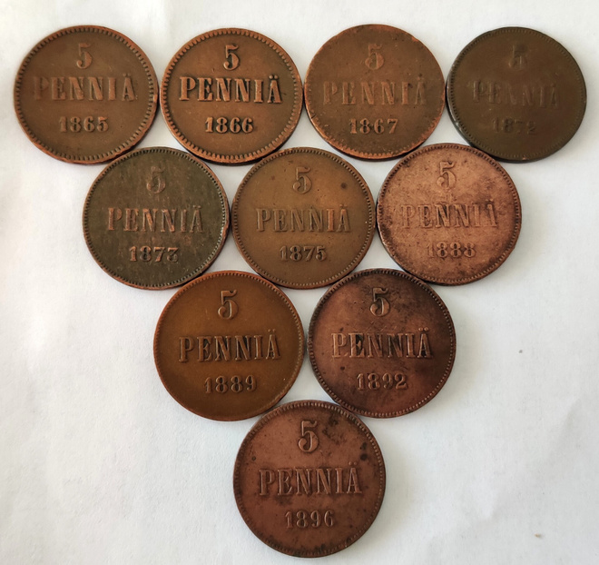 5 penniä Suuriruhtinaskunta, sarja 1865-1917