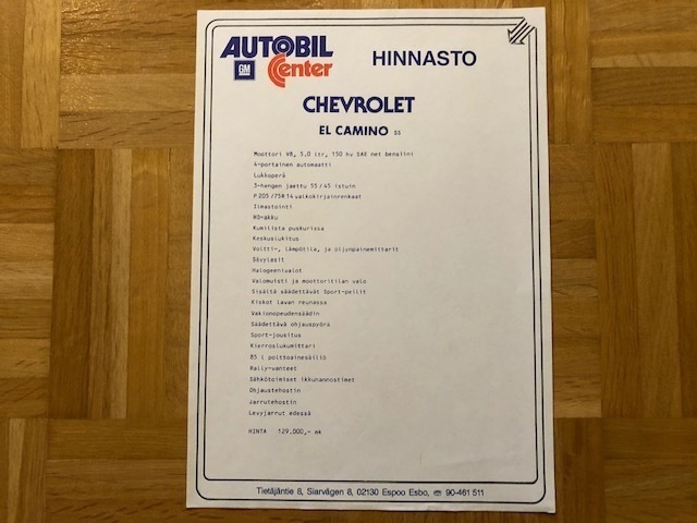 Hinnasto Chevrolet El Camino 1987/1988. Esite