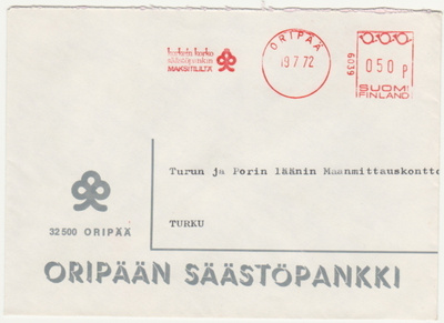 Oripää Säästöpankki kuori frankkeerausleima 1972 firmakuori