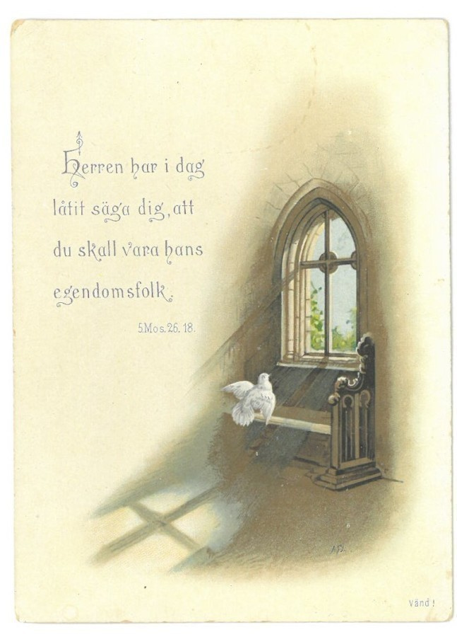 Kyyhkynen ikkunalla kortti vuodelta 1892
