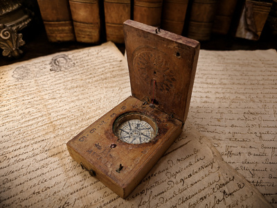 Signeerattu diptyykki -aurinkokello ja kompassi, 1800-luku