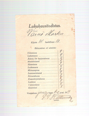 Lukukausitodistus, joulukuu, 2 kpl. 1917 ja 1919.