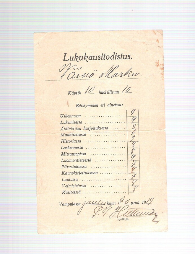 Lukukausitodistus, joulukuu, 2 kpl. 1917 ja 1919.