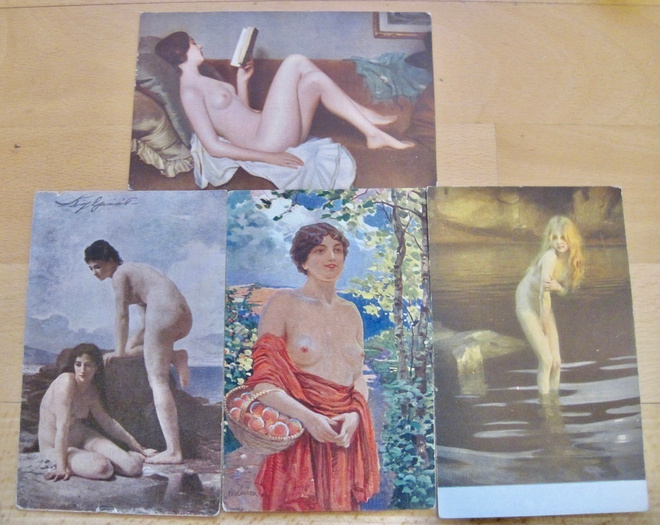 4 VANHAA Postikorttia Nude Alaston Nainen 1900-l