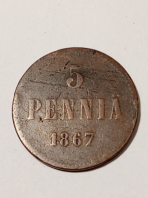 *Suomi *  5 penniä  *1867  *   Copper/Kupari * kuntol.1