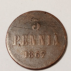 *Suomi * 5 penniä *1867 * Copper/Kupari * kuntol.1 - pikkukuva 1