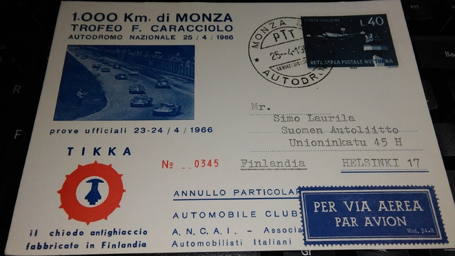 Tikka Nasta Mainoskortti Monza 1000km Autodromo