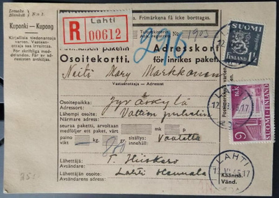 Kirjattu pak.kortti Postitalo-merkillä; Lahti-Jyväskylä 1945