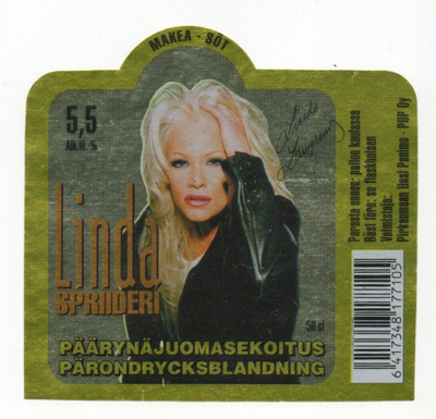 Etiketti Linda Lampenius. Spriideri . Päärynäjuomasekoitus.