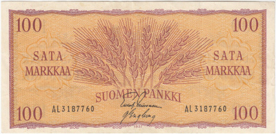 100 Markkaa 1957 AL-sarjaa, kl.5