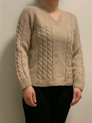 Käsinneulottu beige palmikko villapaita M